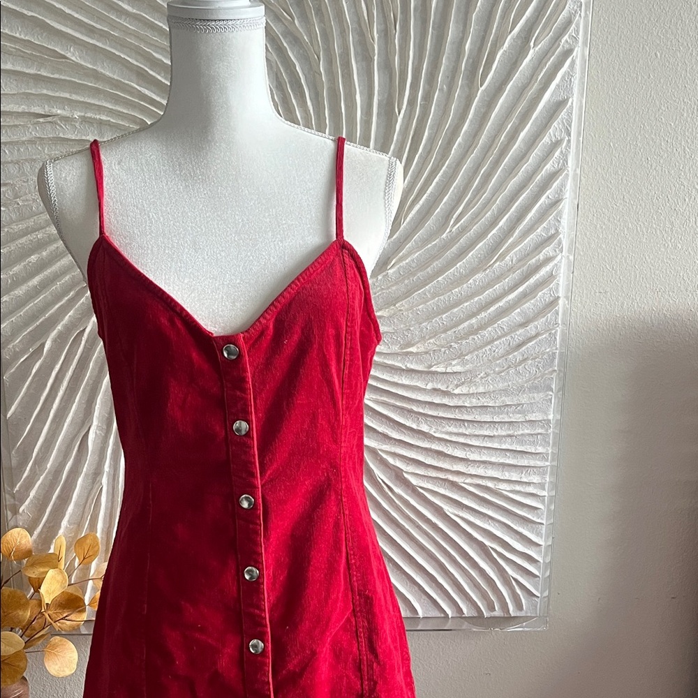 100% Cotton Corduroy Button Up Dress in Red - Picture 4 of 12